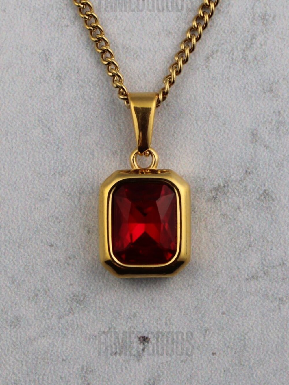 Gold Ruby Cubic Zirconia Pendant Chain Necklace